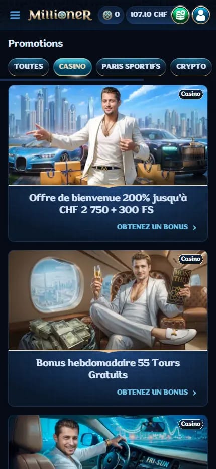 Capture de la page des promotions Millioner